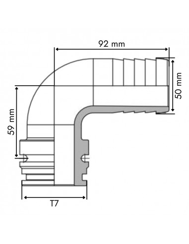 Espiga curva 50 mm 90º con conexión modular macho T7