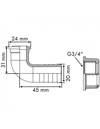 Espiga curva 20 mm 90º con asiento plano para tuerca 3/4" (25 uds)