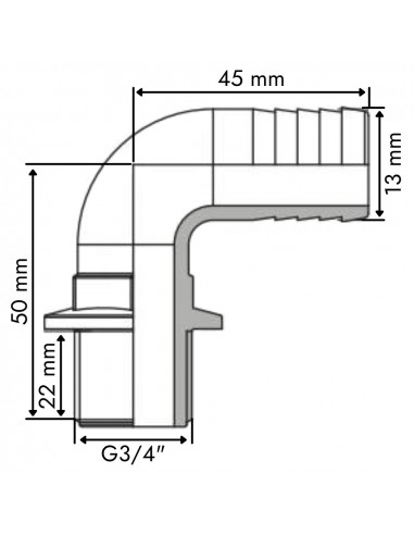 Espiga curva 13 mm 90º con rosca macho 3/4" plástico (25 uds)