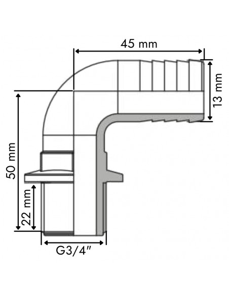Espiga curva 13 mm 90º con rosca macho 3/4" plástico (25 uds)