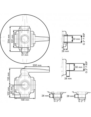 Válvula de bola 5 vías toma roscada H 2"