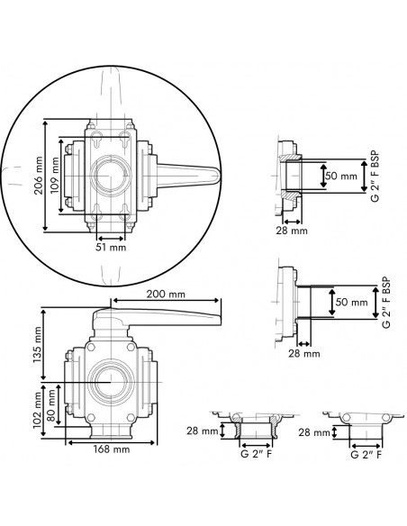 Válvula de bola 5 vías toma roscada H 2"