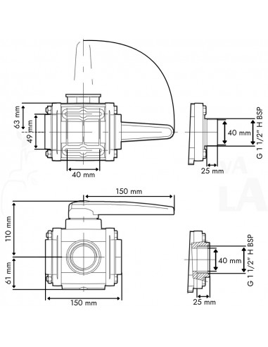 Válvula de bola 3 vías toma lateral H 1 1/2"