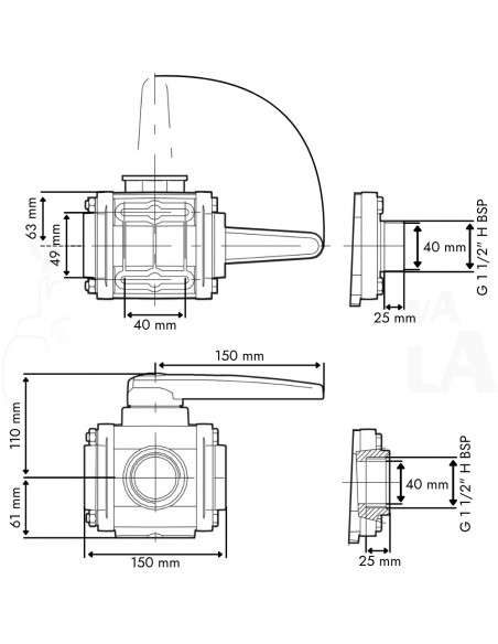 Válvula de bola 3 vías toma lateral H 1 1/2"
