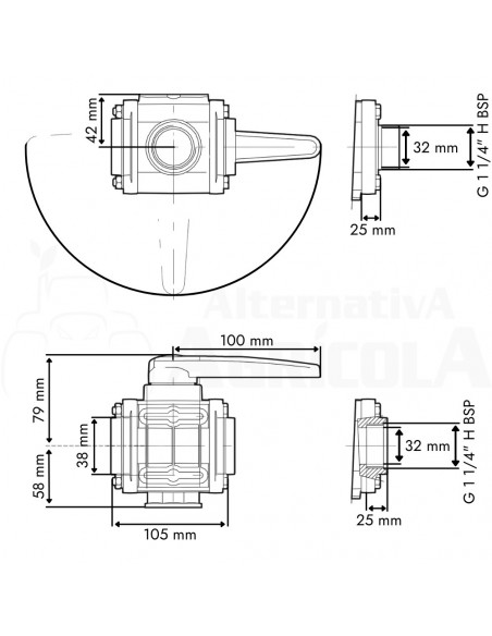 Válvula de bola 3 vías toma lateral flujo interrumpido H 1 1/4"