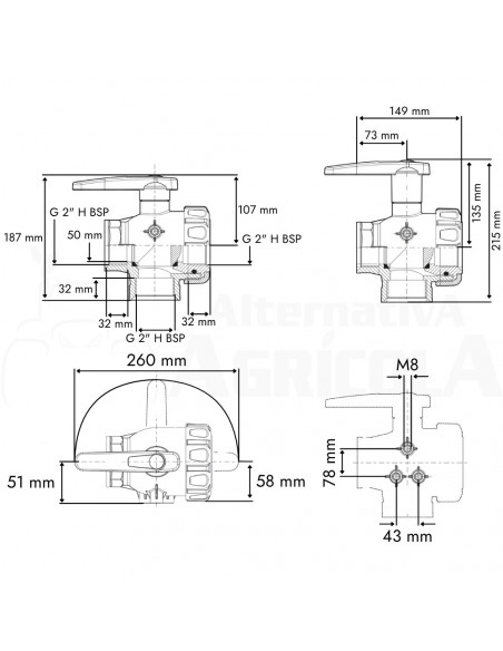 Válvula de bola 3 vías con flujo interrumpido palanca alta H - H 2"