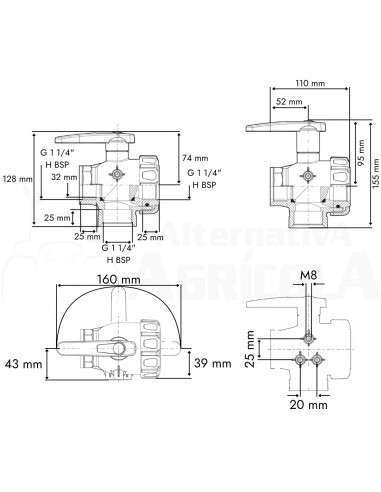 Válvula de bola 3 vías con flujo interrumpido palanca alta H - H 1 1/4"