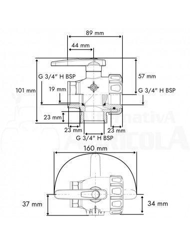 Válvula de bola 3 vías con flujo interrumpido palanca estándar H - H 3/4"