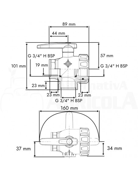 Válvula de bola 3 vías con flujo interrumpido palanca estándar H - H 3/4"
