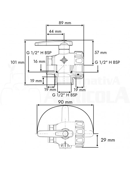 Válvula de bola 3 vías con flujo interrumpido H - H 1/2"