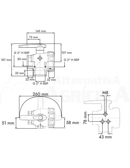 Válvula de bola 3 vías con flujo continuo H - H 2"