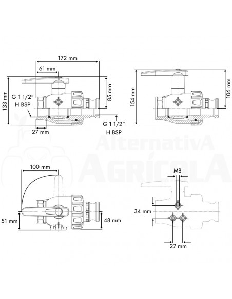 Válvula de bola 2 vías flujo interrumpido con adaptador H 1 1/2"