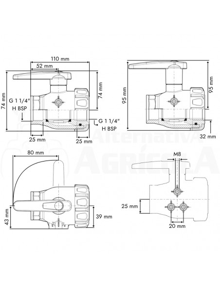 Válvula de bola 2 vías palanca estándar H 1 1/4"