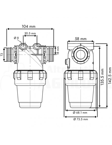 Filtro en línea conector modular M-M T3 100 L/min