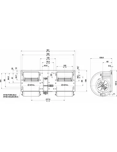 Electro Ventilador aire  centrífugo SPAL 12v 2 ejes 3 vel. para cabinas 006A4522