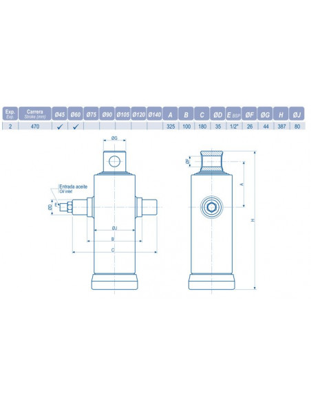 Cilindro Telescópico para remolque basculante hasta 2.5tn cogidas inferior